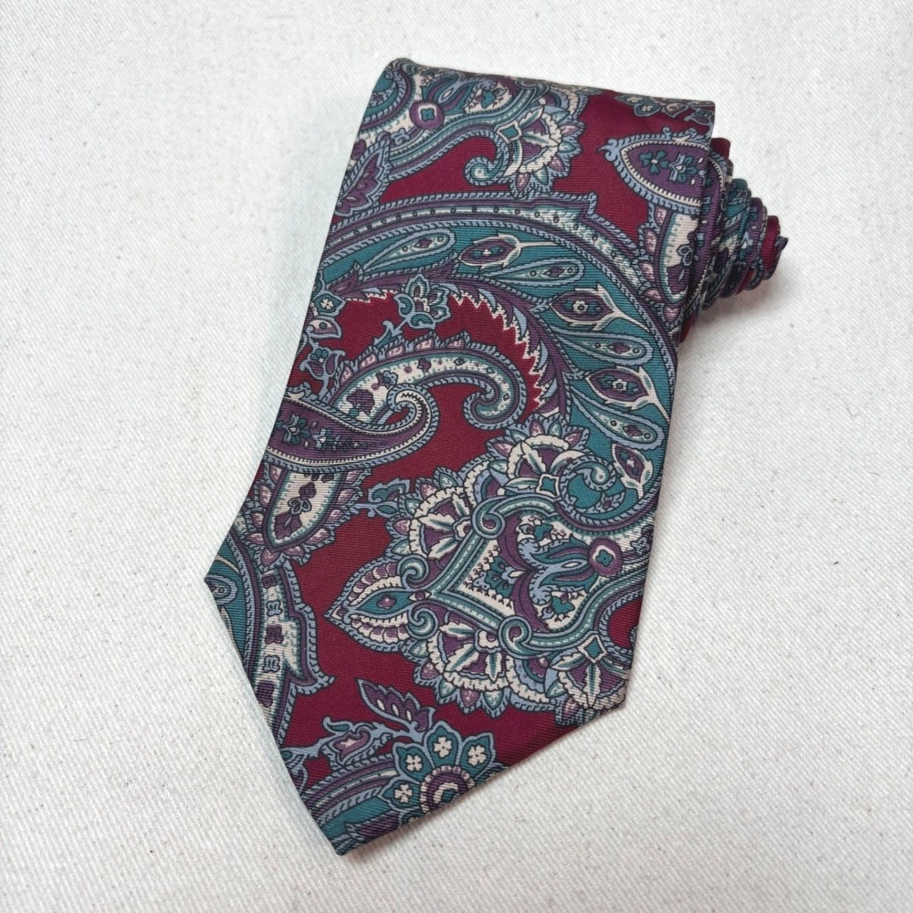 Don Loper Beverly Hills Mens Burgundy Paisley Italian Silk Tie 3.75" Wide